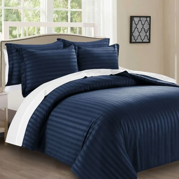 Blue Satin Stripe Duvet Cover Set UK Breathable Microfibre Reversible — Rugstars UK