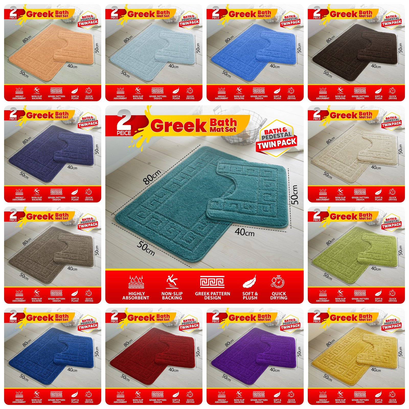 Greek Key Bath Mat Set (2-Piece) Non-Slip & Absorbent Rugstars UK