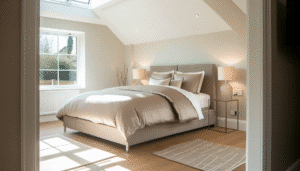 A beautifully styled modern bedroom in a UK home featuring a neatly made bed with soft, wrinkle-free microfiber bedding in a warm neutral tone such as beige or light taupe. The bedding looks plush and inviting, made from high-quality microfiber fabric, giving a smooth, luxurious texture. At the foot of the bed is a small, tasteful Rugstars UK rug or mat with subtle patterns, adding a touch of style and warmth. To one side of the bed is a sleek bedside table with a contemporary lamp casting a soft glow, enhancing the cozy and peaceful atmosphere. The room has natural daylight filtering through windows, light hardwood flooring, and minimal yet elegant decor elements that emphasize comfort, quality, and relaxation in a modern, comfortable British home setting. The image is in realistic photography style, 1000x600 pixels, landscape orientation, perfect for a featured blog cover image about the benefits of microfiber bedding and home comfort.
