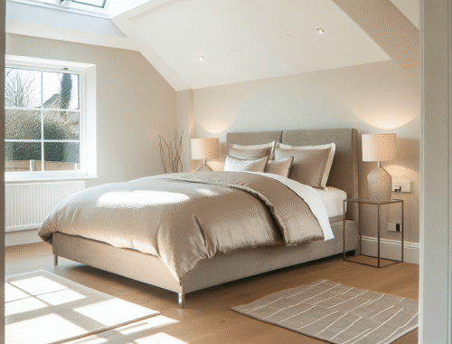 A beautifully styled modern bedroom in a UK home featuring a neatly made bed with soft, wrinkle-free microfiber bedding in a warm neutral tone such as beige or light taupe. The bedding looks plush and inviting, made from high-quality microfiber fabric, giving a smooth, luxurious texture. At the foot of the bed is a small, tasteful Rugstars UK rug or mat with subtle patterns, adding a touch of style and warmth. To one side of the bed is a sleek bedside table with a contemporary lamp casting a soft glow, enhancing the cozy and peaceful atmosphere. The room has natural daylight filtering through windows, light hardwood flooring, and minimal yet elegant decor elements that emphasize comfort, quality, and relaxation in a modern, comfortable British home setting. The image is in realistic photography style, 1000x600 pixels, landscape orientation, perfect for a featured blog cover image about the benefits of microfiber bedding and home comfort.