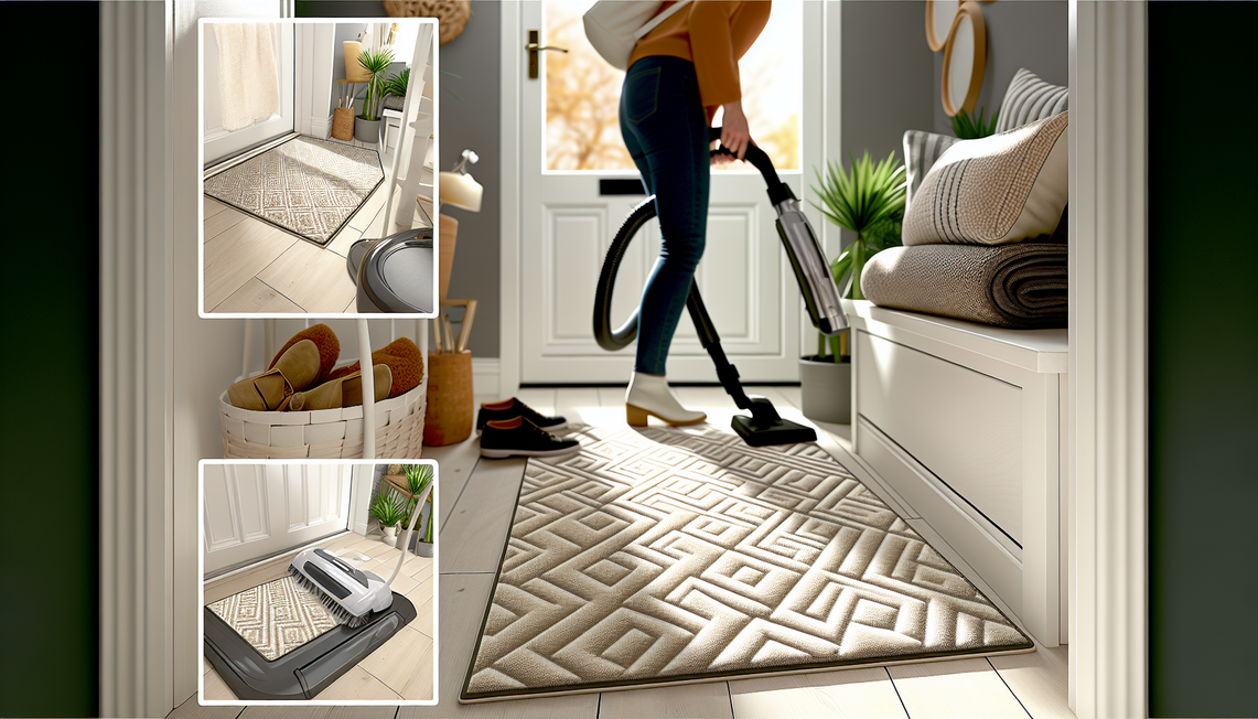 A bright, welcoming UK home entryway showcasing a clean, modern washable dirt trapper doormat prominently placed in front of the door. The doormat features a stylish, geometric pattern in neutral tones that complement the contemporary decor. Natural daylight streams through a nearby window, illuminating the scene with soft, warm light that highlights the doormat's texture and cleanliness. To the side, a person gently vacuuming the doormat with a handheld vacuum, emphasizing care and maintenance. Alternatively, a small inset scene shows the doormat being carefully placed into a modern washing machine, reinforcing its washable feature. The entryway includes subtle home decor elements typical to Rugstars UK style: a sleek shoe rack with neatly arranged footwear, a potted green plant adding a touch of nature, and a minimalist, light-colored wooden bench with a small stack of folded throws and a decorative bowl. The flooring is a clean, light wood or laminate, enhancing the fresh and tidy atmosphere. The image is in realistic photography style, 1000x600 pixels, landscape orientation, focused on cleanliness, practicality, and modern UK home aesthetics.