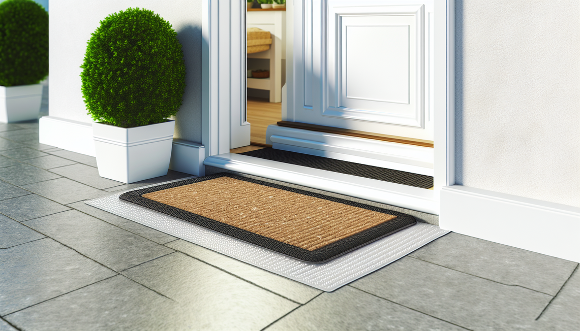 Front door with a non-slip doormat outside, surrounded by potted plants and clean porch