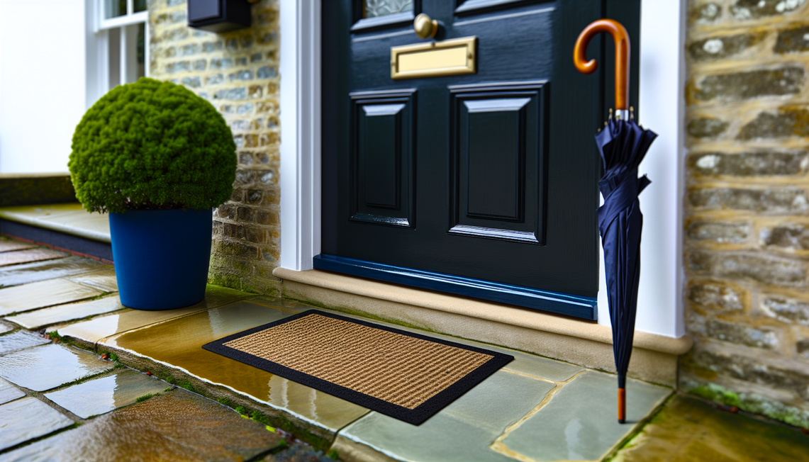 welcoming uk front entrance with doormat, damp pavement, umbrella, and potted plant