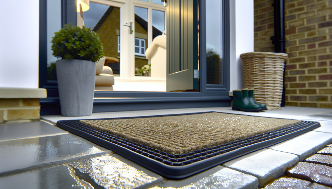 high-angle shot of a clean, stylish dirt trapper doormat at a modern UK home entrance