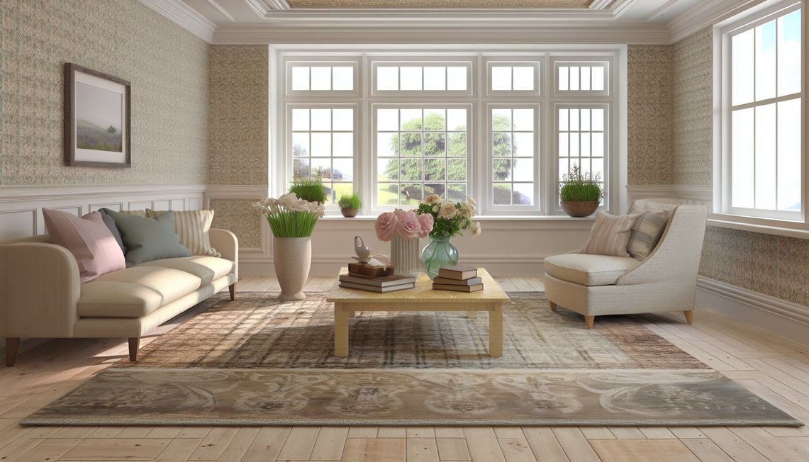 bright modern UK living room with elegant neutral rug under sofa and coffee table