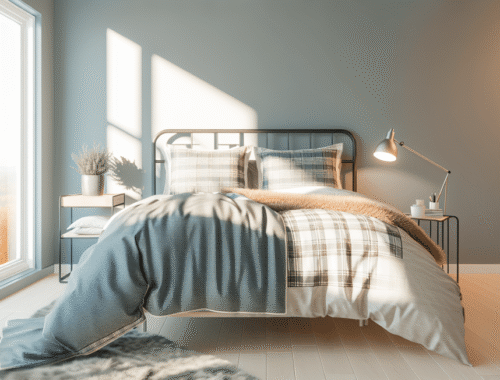 Bedroom with a seasonally styled duvet cover, showing a cozy throw for winter and a light fabric for summer, in a UK home setting.