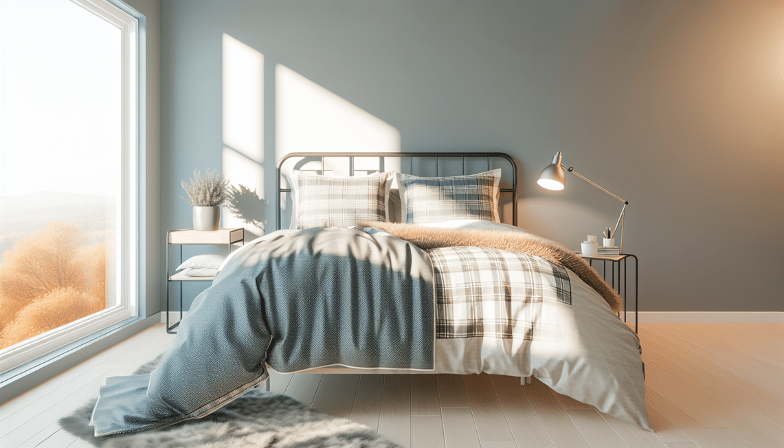Bedroom with a seasonally styled duvet cover, showing a cozy throw for winter and a light fabric for summer, in a UK home setting.