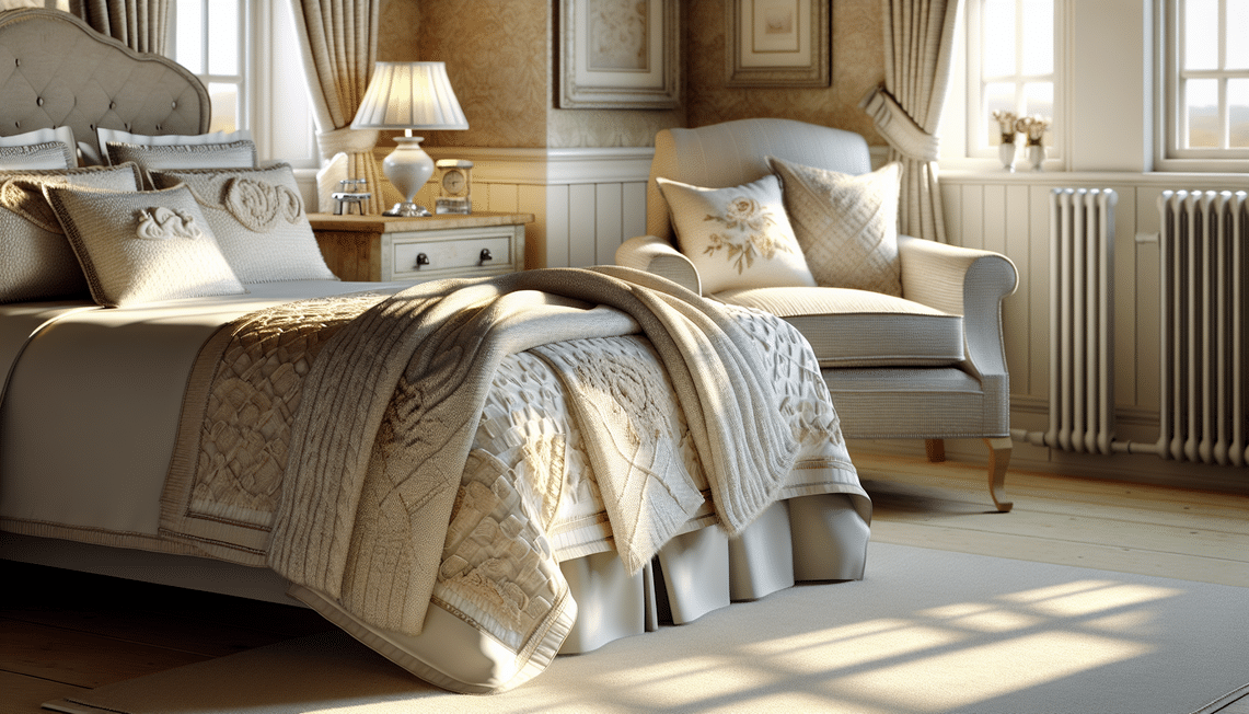 A cosy British bedroom with a bedspread, blanket, and throw illustrating the differences in home decor.