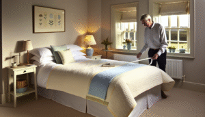 A beautifully styled UK bedroom in daylight featuring a neatly made double bed with a perfectly sized quilt in soft hues of cream and pastel blue. The quilt is visibly well-fitted to the bed, smooth with crisp edges. A slender measuring tape lies subtly on the duvet corner, partially coiled, hinting at the act of measuring quilt size. A person with cozy home attire gently adjusts the quilt at the foot of the bed, adding a human touch. The bedroom decor includes a small bedside table with a classic British ceramic lamp, a framed botanical print on the wall, and light curtains partly drawn to reveal a typical UK garden outside. The overall atmosphere is cosy and inviting, with warm natural light casting soft shadows, reflecting popular UK home decor trends such as soft textures, neutral palettes, and understated elegance. The image is realistic photography style, 1000x600 pixels, landscape orientation, perfect for a home goods retailer blog cover about choosing quilt sizes in the UK.