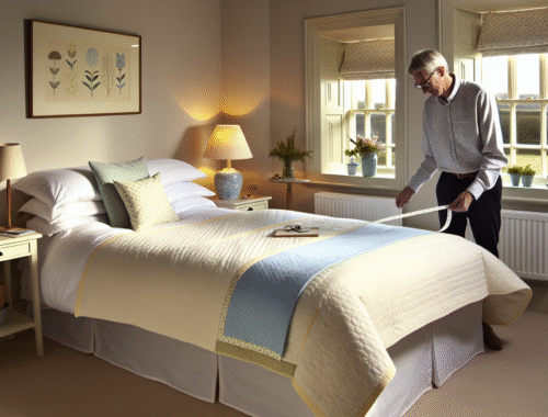 A beautifully styled UK bedroom in daylight featuring a neatly made double bed with a perfectly sized quilt in soft hues of cream and pastel blue. The quilt is visibly well-fitted to the bed, smooth with crisp edges. A slender measuring tape lies subtly on the duvet corner, partially coiled, hinting at the act of measuring quilt size. A person with cozy home attire gently adjusts the quilt at the foot of the bed, adding a human touch. The bedroom decor includes a small bedside table with a classic British ceramic lamp, a framed botanical print on the wall, and light curtains partly drawn to reveal a typical UK garden outside. The overall atmosphere is cosy and inviting, with warm natural light casting soft shadows, reflecting popular UK home decor trends such as soft textures, neutral palettes, and understated elegance. The image is realistic photography style, 1000x600 pixels, landscape orientation, perfect for a home goods retailer blog cover about choosing quilt sizes in the UK.