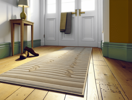 runner rug with anti-skid backing on wooden floor in modern hallway with shoes