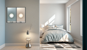 modern bright bedroom with reversible patterned and solid duvet cover, stylish UK decor