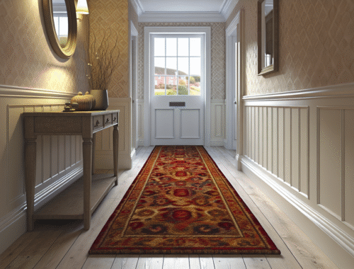 a stylish uk hallway with a vibrant patterned runner rug and warm, inviting decor