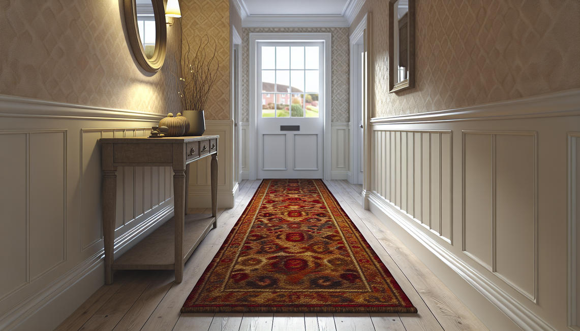 a stylish uk hallway with a vibrant patterned runner rug and warm, inviting decor