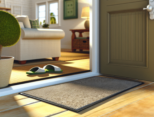 indoor door mat at home entrance with slippers and cozy, safe environment