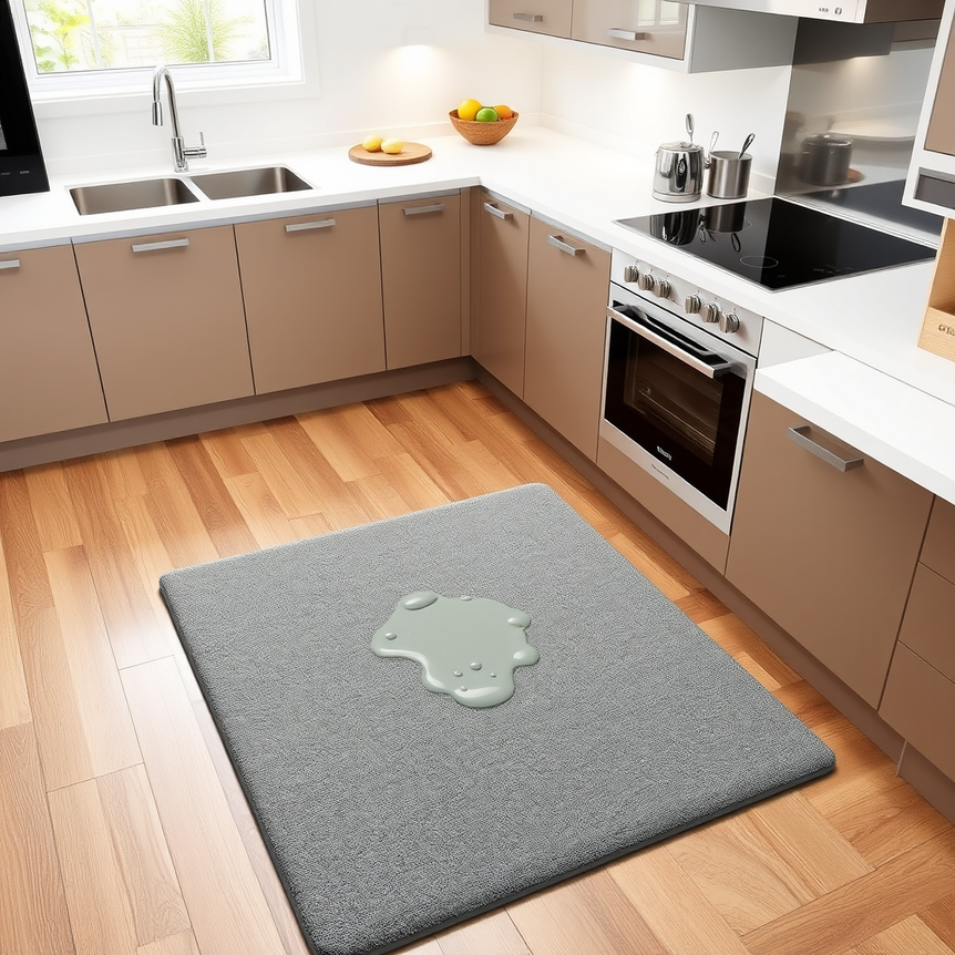 Thick, absorbent kitchen mat in a modern UK kitchen, absorbing a small water spill.