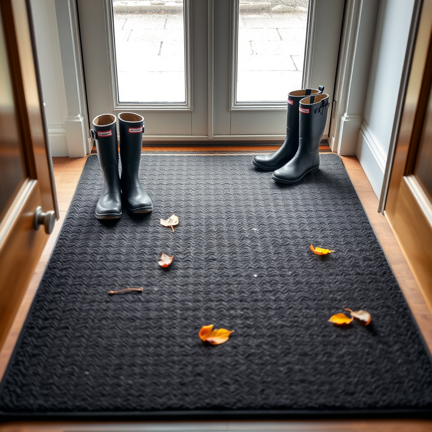 Modern UK home entrance with a barrier door mat, muddy wellington boots, and subtle hints of British weather.