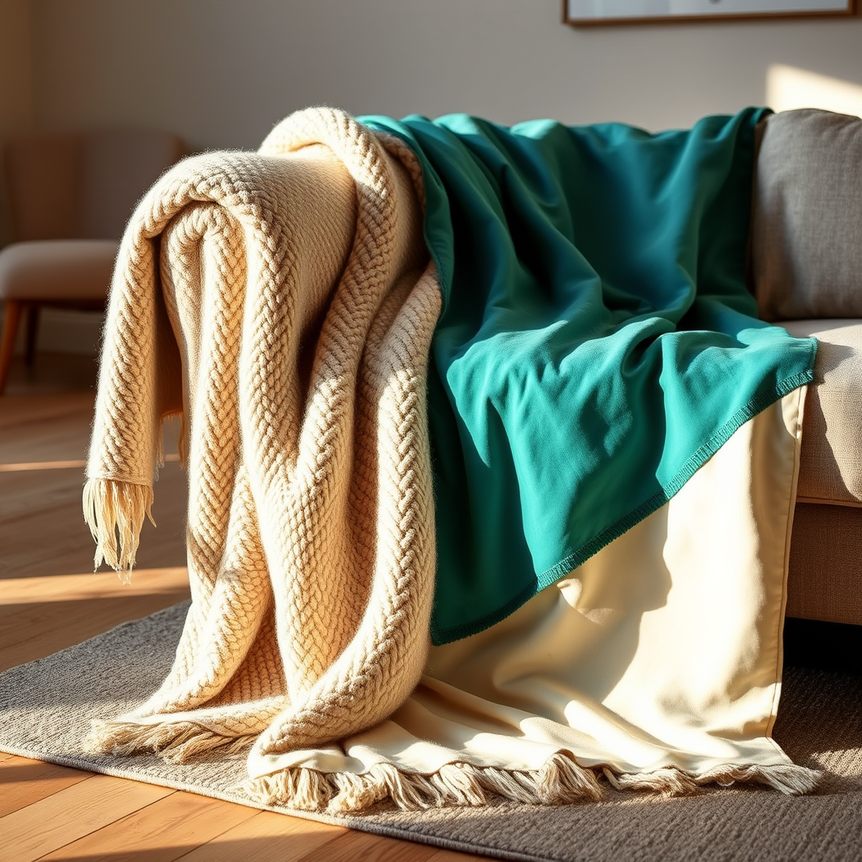 Close-up of a draped blanket in a modern UK living room, comparing wool and polyester textures.