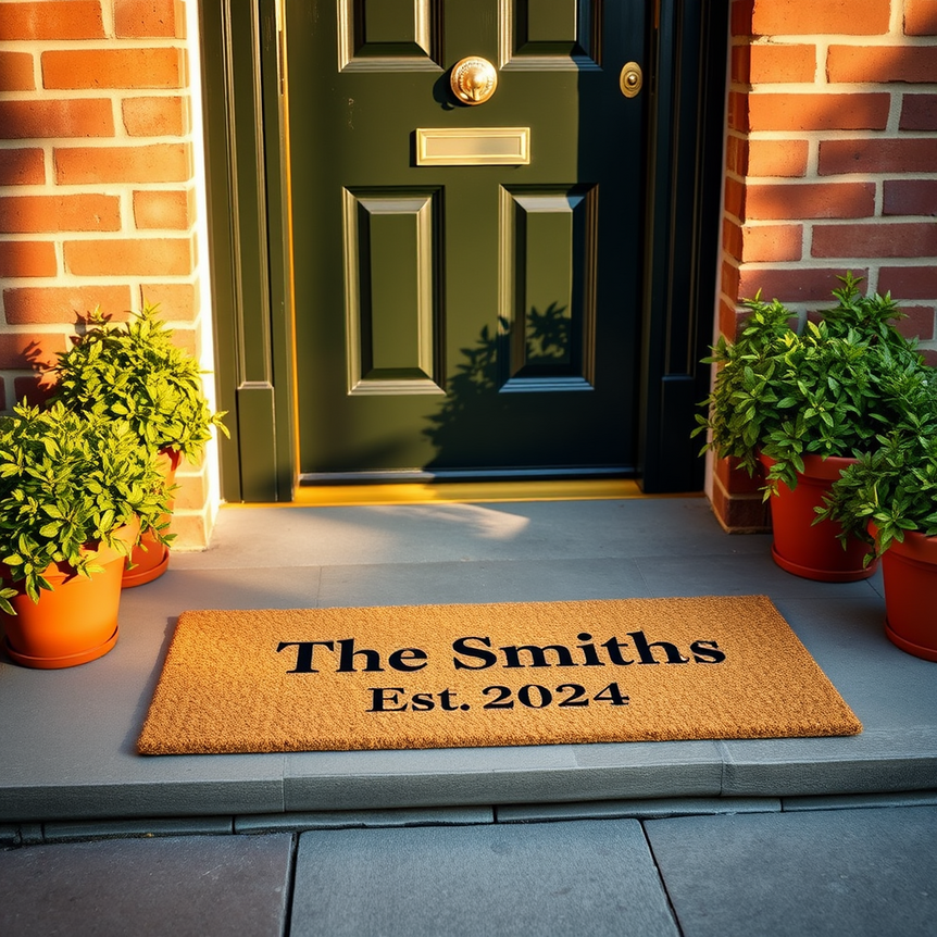 Personalised coir door mat 'The Smiths, Est. 2024' on a charming British doorstep in warm light.