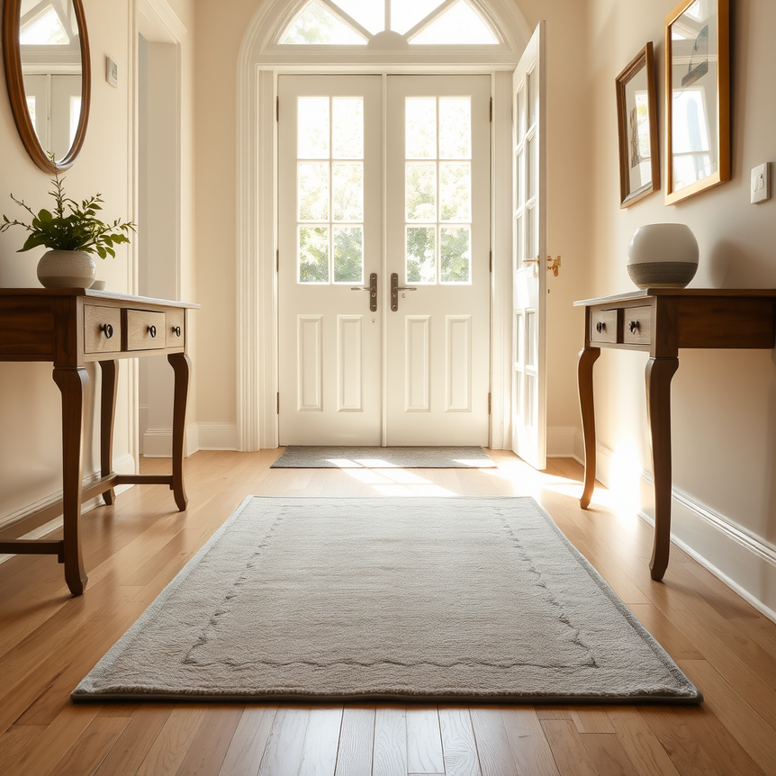 Bright UK entryway with stylish, low-pile hypoallergenic mat, natural sunlight, and subtle British decor.