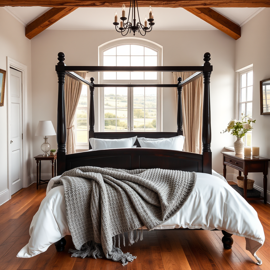 Beautifully styled British bedroom with a classic wooden bed, plush comforter, and textured throw.