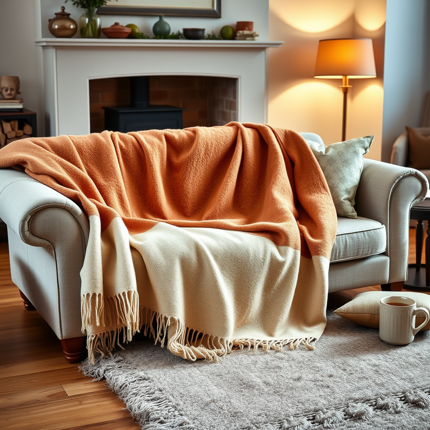 Elegantly styled British living room with a throw on a sofa, fireplace, warm lighting, and a textured rug.