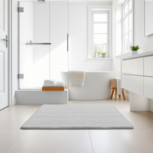 A modern, bright UK bathroom featuring a stylish, quick-dry bath mat in front of a shower.
