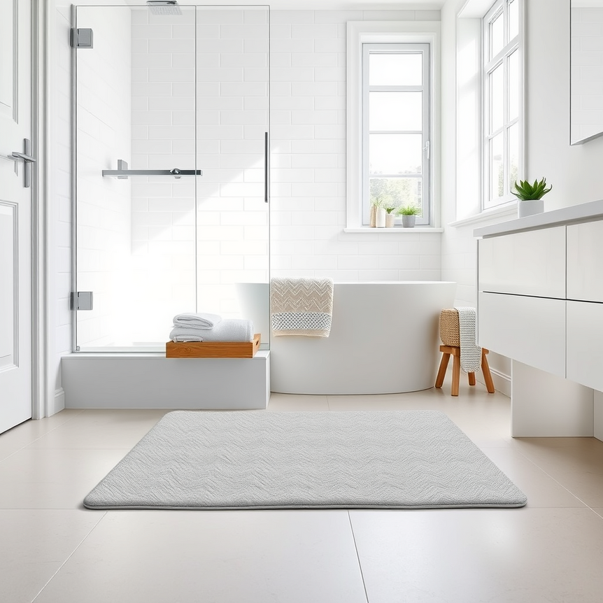 A modern, bright UK bathroom featuring a stylish, quick-dry bath mat in front of a shower.