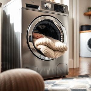 Person placing a cream UK King Size blanket into a modern washing machine in a contemporary UK utility room.