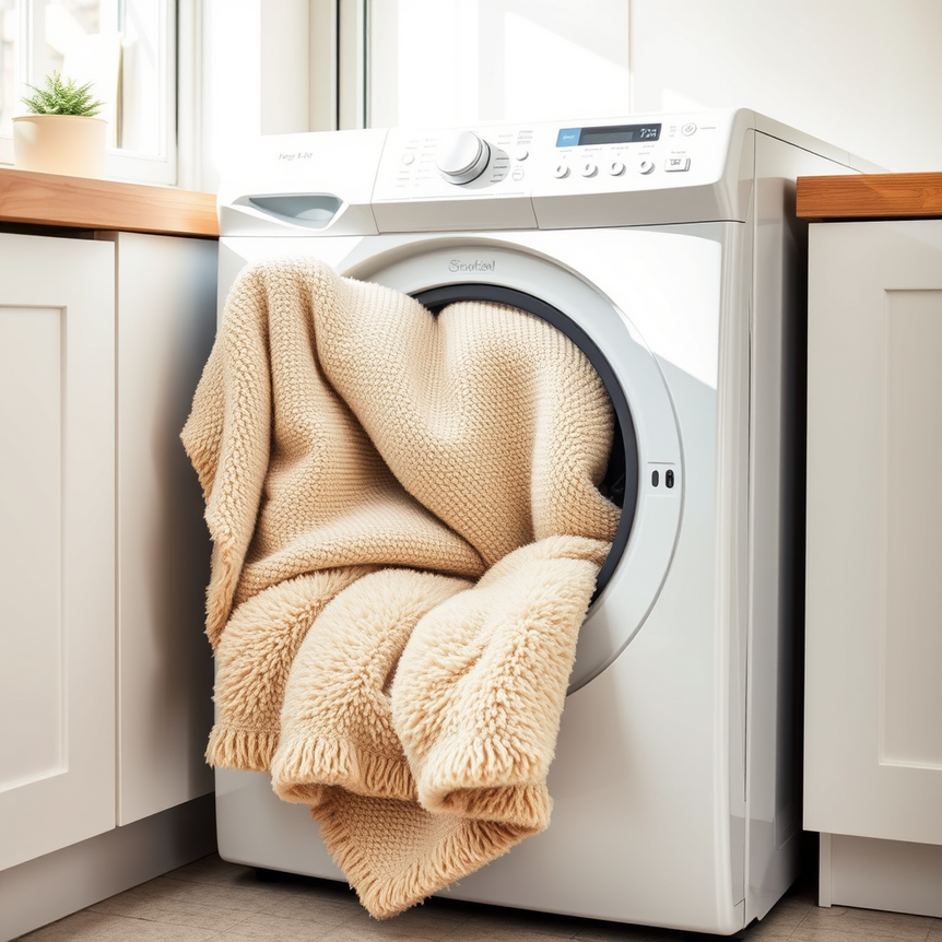A fluffy king size blanket is gently loaded into a modern, large-capacity UK washing machine.