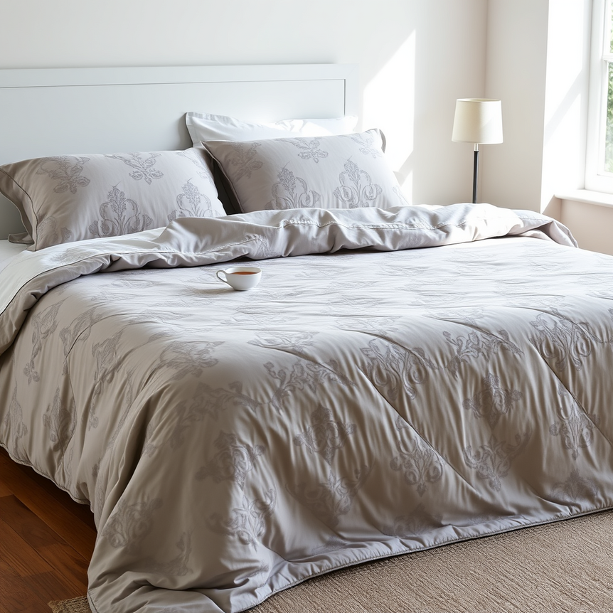 Luxurious dove grey quilt bedspread from Rugstars UK on a double bed in a calm British-style bedroom.