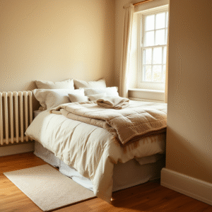 cozy uk bedroom with central heating radiator and layered blankets on bed