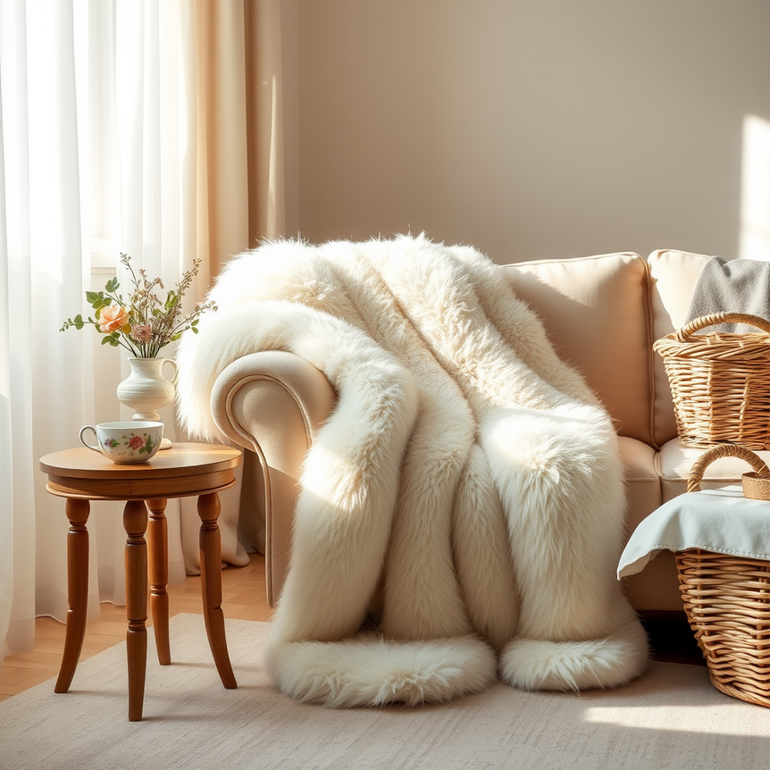 A cozy UK living room with a plush faux fur throw, suggesting allergy-friendly comfort.