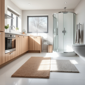 waterproof non-slip rugs in stylish uk kitchen and bathroom for safety