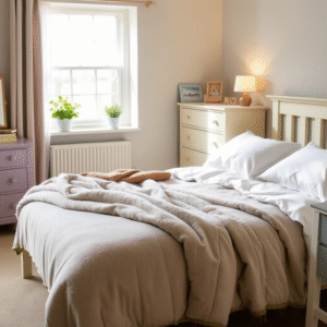 cozy uk bedroom with hypoallergenic heavy blanket on bed in soft muted tones