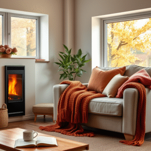 A cozy modern British living room with a stylish sofa draped in a warm throw next to a lit gas fireplace, capturing an autumn ambiance.