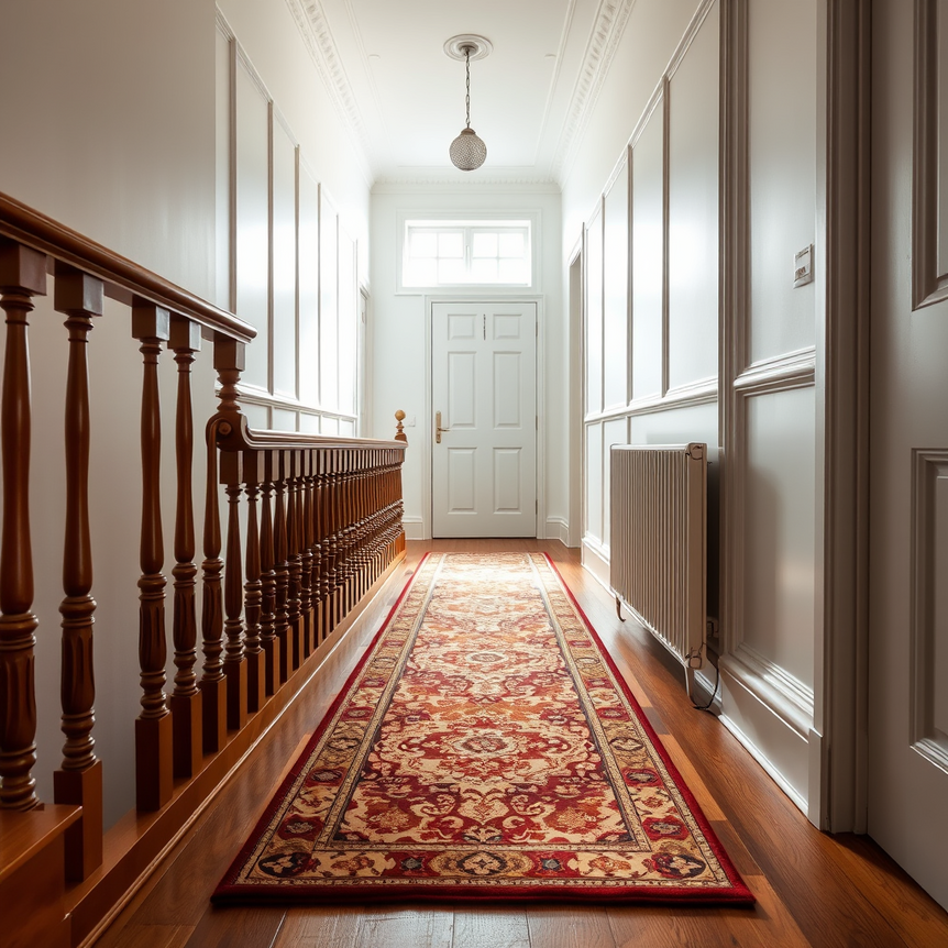 A stylish, narrow UK hallway featuring a popular hallway runner with Victorian-style elements.