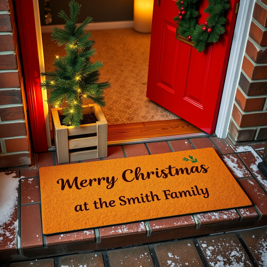 Festive holiday entrance with personalised Merry Christmas doormat and decorated red door