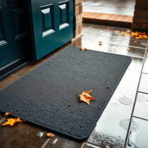 High-angle shot of a heavy-duty entrance mat at a modern UK home on a wet autumn day, trapping leaves and moisture.