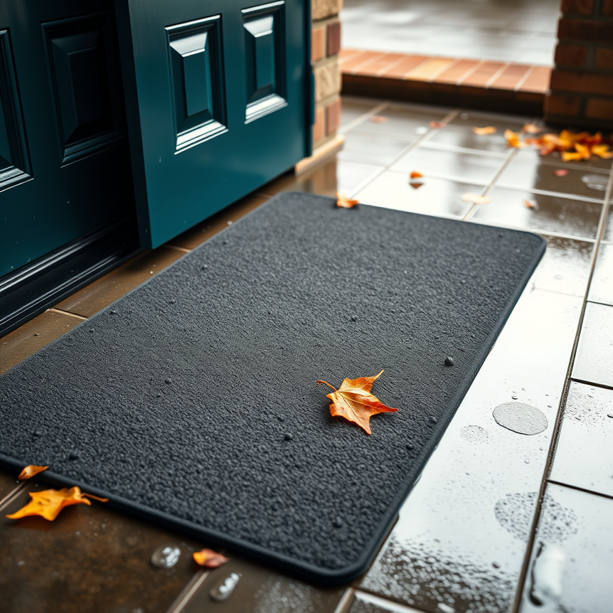 High-angle shot of a heavy-duty entrance mat at a modern UK home on a wet autumn day, trapping leaves and moisture.