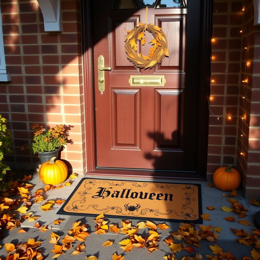 welcoming uk home entrance with personalised halloween doormat and autumn decor