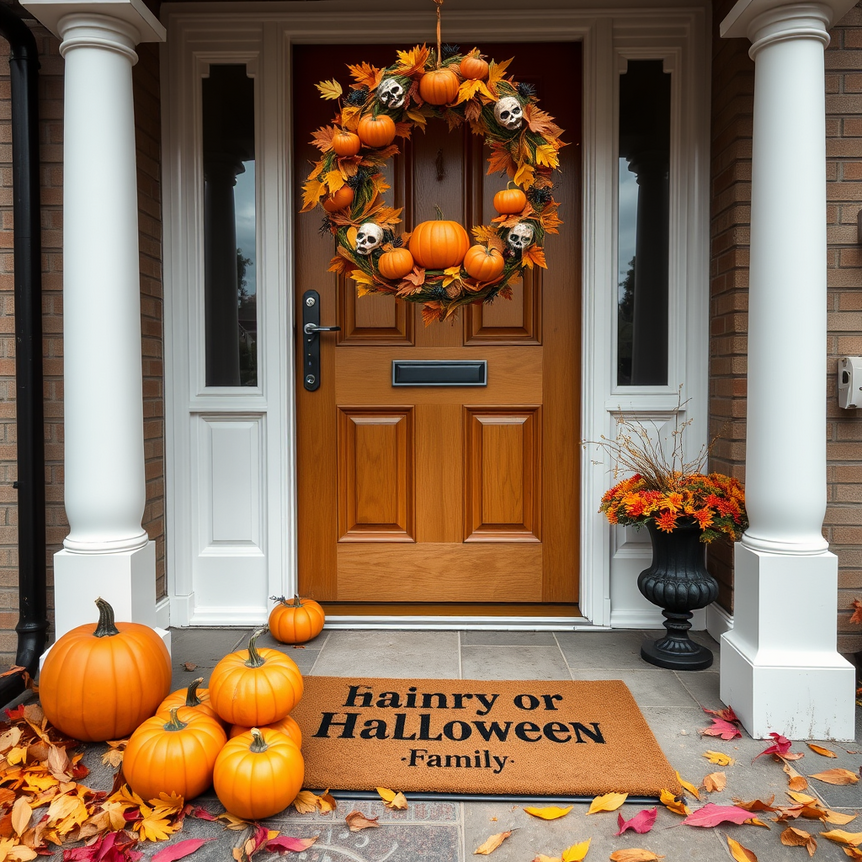 A cosy UK home entrance decorated for Halloween with a personalised doormat, pumpkins, and an autumn-themed wreath, under a grey autumn sky.