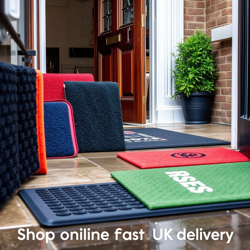 heavy duty door mats at a busy entrance with wet uk weather and vibrant colors