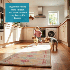 kitchen runner rug in uk home with child and dog highlighting durability and safety