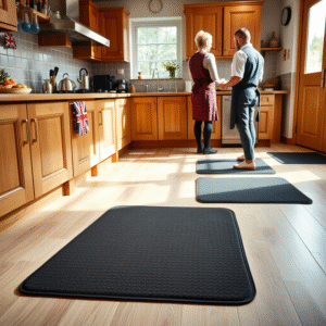 A vibrant UK kitchen with anti-fatigue mats, showcasing ergonomic design and comfort for chefs and cooks.