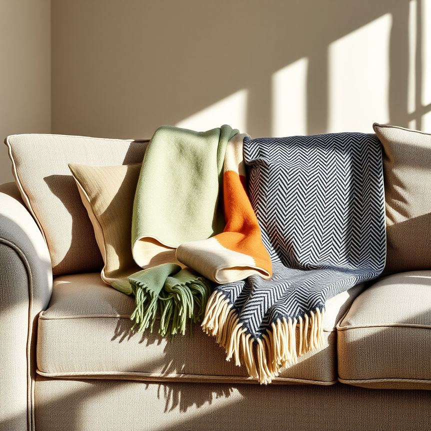 Cosy UK living room with a sofa showcasing a reversible throw and a single-sided throw.