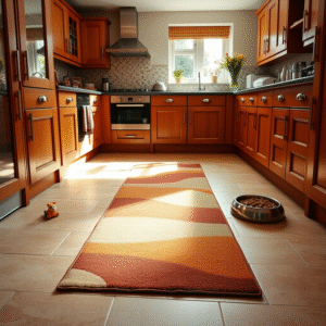 cozy family kitchen with runner rug, a toy, and a pet food bowl visible