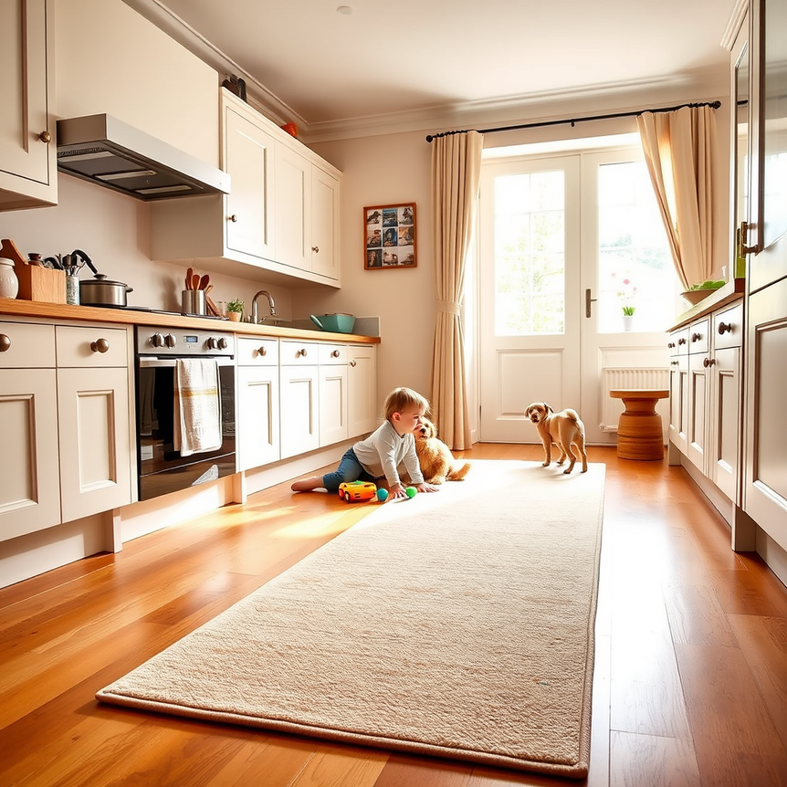cozy uk kitchen with Runner Rug, toddler playing and dog nearby