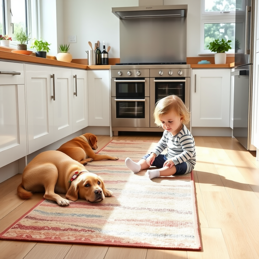 modern uk kitchen with washable non-slip runner rug, toddler and dog on rug