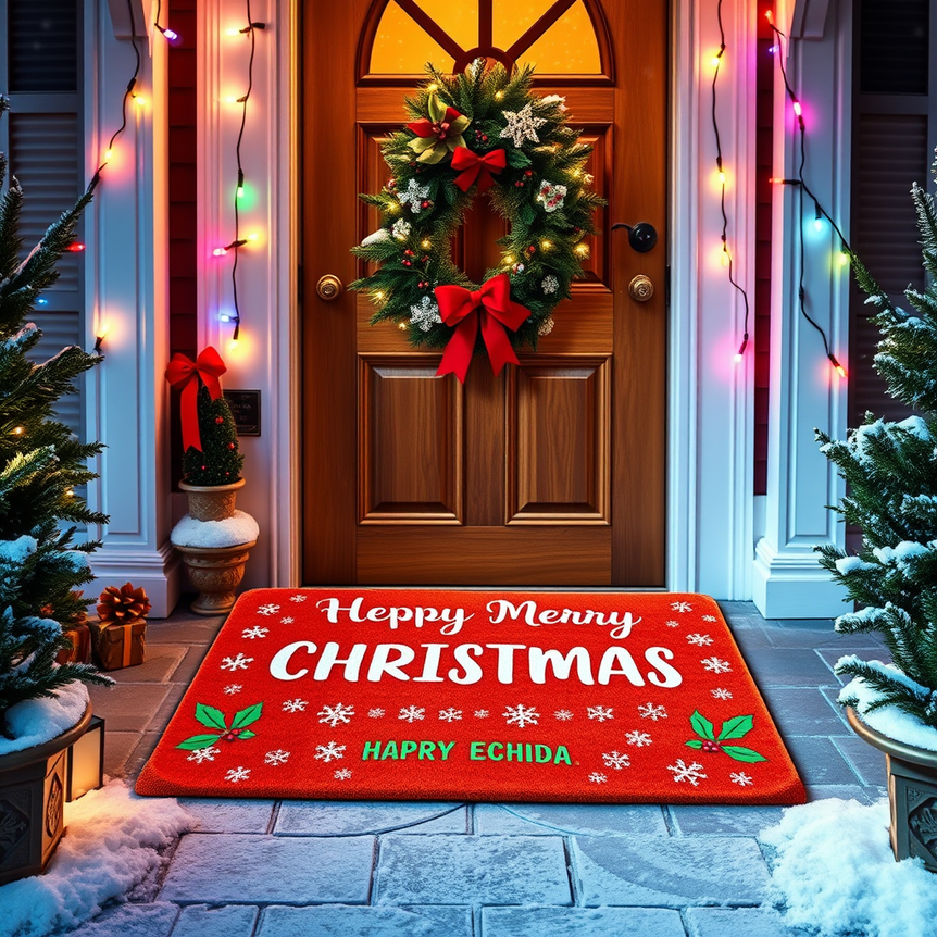 front entryway with a funny personalised christmas doormat and festive decorations
